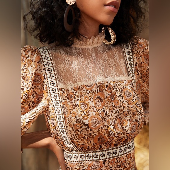 SHEIN Mini Floral Printed High Neck Ruffle Lace Trim Long Sleeve Mini Dress XS 2 - Picture 6 of 16